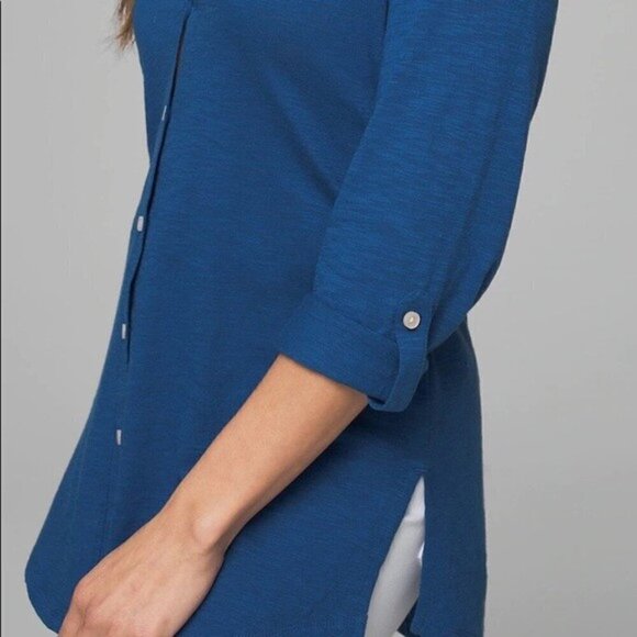Soma Sz L Blue Button Up Tunic Cotton Modal Slub Knit Shirt Roll Tab Sleeve Top - Picture 4 of 8